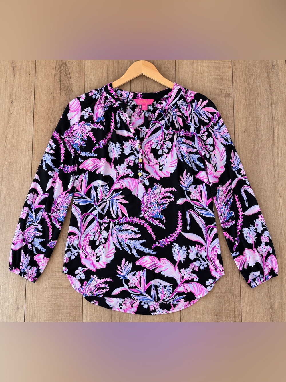 Lilly Pulitzer Elsa Silk Top M Onyx Wild Within 100% Silk Blouse